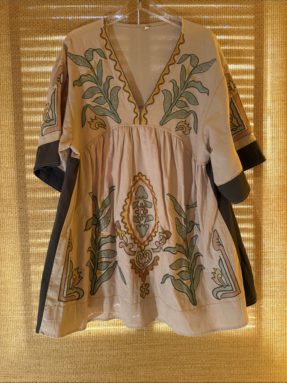 Embroidered Boho V-Neck Tunic in Cream & Green - Picture 3 of 5